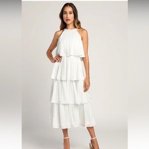 Lulus Tier and Far White Tiered Pleated Halter Midi Dress
